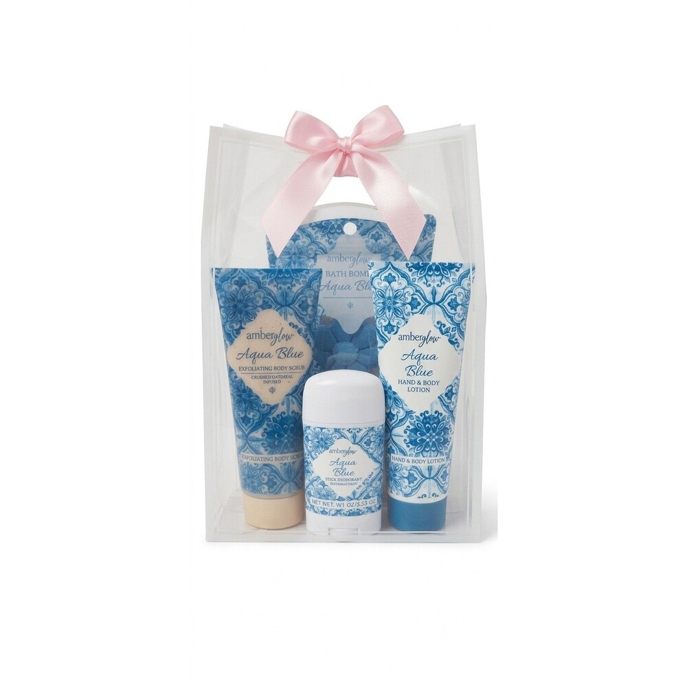 Amberglow Aqua Blue 4 Piece Bath & Body Gift Set: Lotion, Scrub, Bomb & More